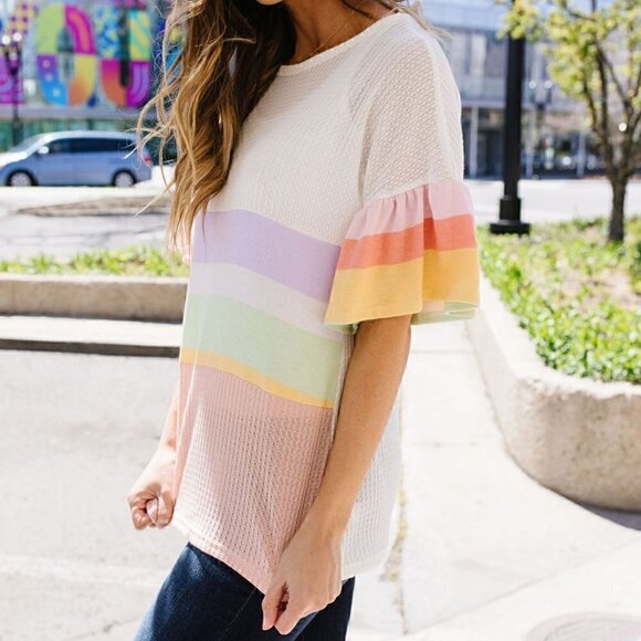 Celeste Waffle Knit Rainbow Striped Top - Picture 3 of 5
